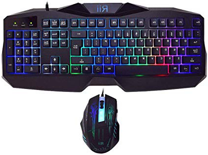 Teclado Gaming Rii RM400 Combo Rainbow Retroiluminación ,Teclado y Ratón con Cable,ratón gaming ,12 eclas multimedia y 19 teclas anti fantasma para Windows/Vista /Linux/Mac (Teclado Español,Negro)