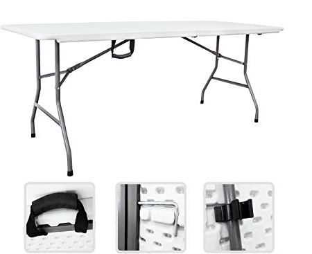 Todeco - Mesa Plegable Portátil, Mesa de Plástico Resistente - Material: HDPE - Carga máxima: 100 kg - 180 x 76 cm, Blanco, Plegable por la mitad