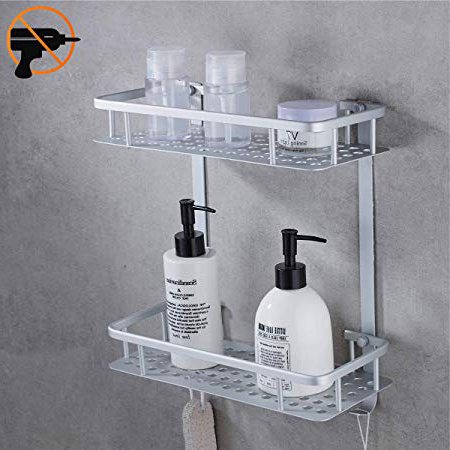ADOVEL Estantería Ducha sin Taladro, Estantes de Pared Cesta para Cocina Baño, Aluminio Adhesivo Estantería Baño Esquina para Ducha, 2 Capas, No se oxida