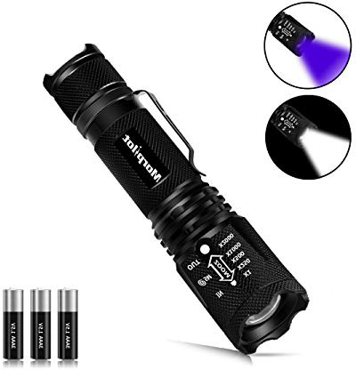 Linterna Táctica y UV 2 en 1, Linterna LED 500LM, Linterna Militar, Luz UV con 4 Modos, Zoom IN/OUT, 395nm, Aluminio, Anti-caída, Impermeable IPX4, 3 Baterías Incluidas