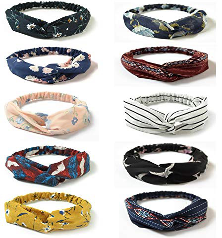 DRESHOW Boho Diademas para Mujeres Flor Vintage Impreso Criss Cross Anudado Elástico Banda para el Cabello Stretchy Head Wrap Twisted Accesorios para el Cabello Lindo Paquete de 10