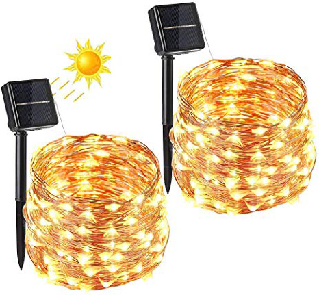 BrizLabs Cadena Luces Solares 2 Paquete 100 LEDs 10m Guirnalda Luces Solares Exterior Impermeable Iluminación Alambre de Cobre para DIY Navidad Jardín Ventana Valla Boda Decoración, Blanco Cálido