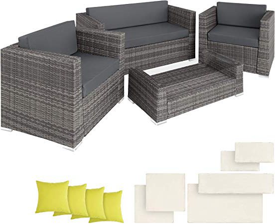 TecTake POLIRATÁN Aluminio Conjunto TRESILLO Muebles DE RATÁN Conjunto para JARDÍN + 4 Almohadas (Gris | No. 403085)