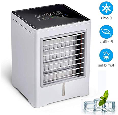TTMOW Mini Enfriador Portátil USB Aire Acondicionado con 3 en 1 Ventilador Purificador Humidificador, Temporización Automática, 3 Velocidades Ajustable y Botón Táctil para Hogar Oficina Coche