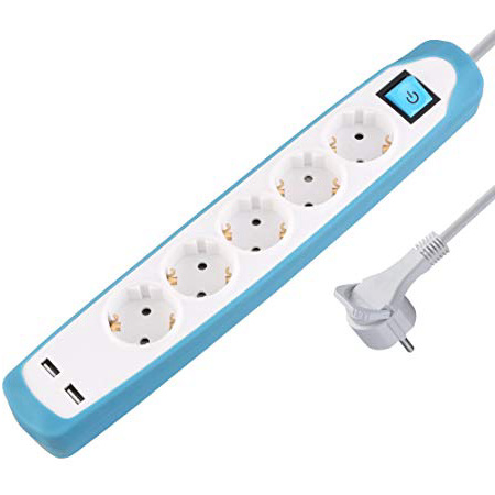 Electraline Gummy 62160 Regleta Base 5 Enchufes y 2 USB 2.1A - Cover de silicona - cable 2 m clavija plana