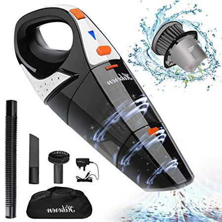Aspiradora de Mano, Hikeren Aspirador Mano Sin Cable Potente, 5000PA, Aspiradoras en Seco y Húmedo, Batería de 2400mAh, Filtro de Acero Inoxidable, Accesorio Completo para Hogar y Coche