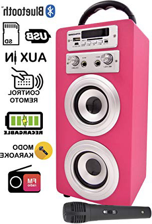 DYNASONIC Altavoz Karaoke Bluetooth 10W, Reproductor mp3 inalámbrico portátil, Lector USB SD, Radio FM - Modelo Color Rosa
