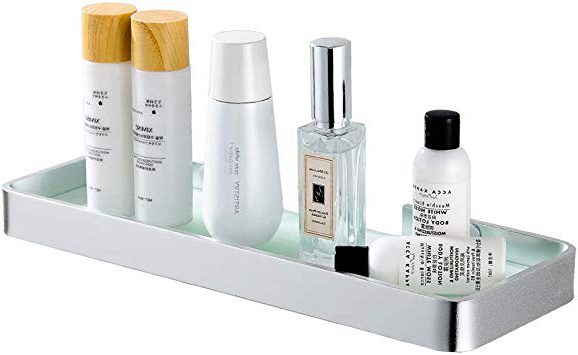 Hoomtaook Bandeja de baño rectangular de vidrio templado, Cesta de ducha, Organizador de baño, Instalación sin clavos, sin daños, Adhesivo, Aluminio aeroespacial, Estante inoxidable para artículos