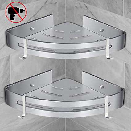 RenFox Estantería de Esquina para Baño Ducha, Estante de Baño Cesta para Ducha Rinconera Estante Ducha Sin Taladro Aluminio Sin Necesidad de Taladrar Estante Ducha y Cocina con 4 Ganchos, 2 Piezas