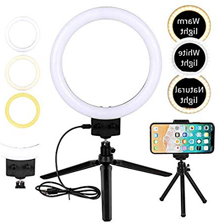 Flybiz LED Luz de Anillo con Trípode Palillo de Selfie, Mini luz de Anillo LED de Escritorio Regulable de 10W 2800K-5500K, Video de Youtube y Maquillaje Selfie, Kit de Luces de Anillo