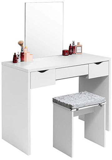 EUGAD Juego Mesa de Tocador con Taburete Tocador Moderno Escritorio con Espejo Mesa de Maquillaje con 3 Cajones Madera 100x49,5x129,5cm Blanco 0011SZT