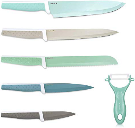 Navaris Set de 6x cuchillos mondador incluido - 5x cuchillos de acero inoxidable y 1x cuchillo pelador de verduras de cerámica - en diversos colores