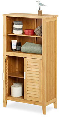 Relaxdays Lamell Armario de baño de bambú, 92 x 50 x 25 cm, con 2 Asas y Puertas, Armario de baño o Armario Auxiliar con estantes de Madera, Color Natural