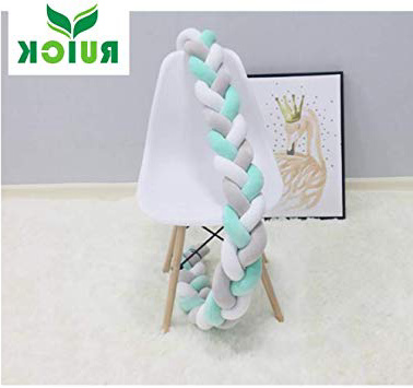 Cojín largo de nudo trenzado para bebé, para guardería, cama, cuna, valla de seguridad, cochecito de bebé, decoración de habitación Grey-White-Mint Talla:300CM