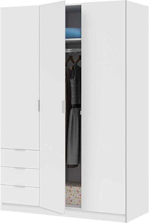 Habitdesign LCX323O - Armario ropero de Tres Puertas y Tres cajones, Color Blanco Mate, Medidas 121 cm (Largo) x 180 cm (Alto) x 52 cm (Fondo)