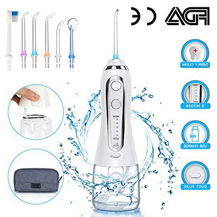 Irrigador Bucal Portátil con 6 Boquillas, Multifuncional 300ml Irrigador Dental, Profesional IPX7 Impermeable Limpieza de Dientes de Ortodoncia y Dientes de Implante, Lavado Pulsado de Dientes