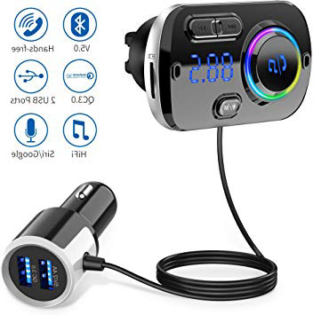 Upgrade Transmisor FM Bluetooth 5.0 Coche Manos Libres con 7 Colores Luz, Reproductor MP3 Coche Carga Rapida QC3.0, 2 USB 5V/3A&2.4A Inalámbrico Kit de Coche Soporte Tarjeta TF 32 G, AUX, SIRI/Google