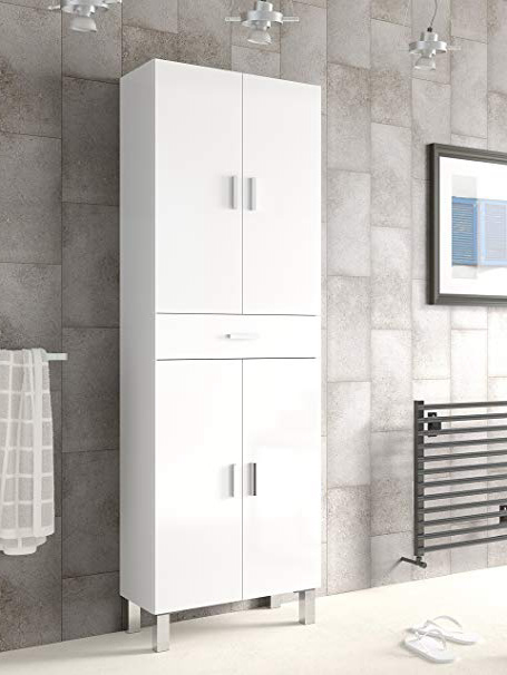 Mueble de baño o aseo con dos puertas superiores e inferiores separadas por un cajón color blanco brillo182x60x29cm