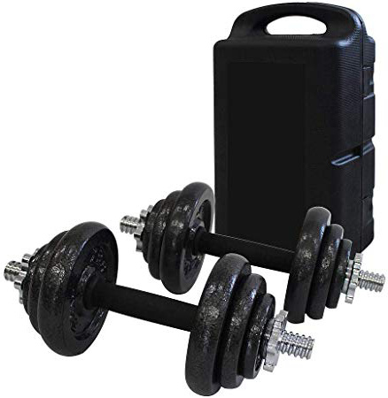 Todeco - Juego de Mancuernas, Juego de Pesas Ajustable - Material de la Barra: Acero Cromado - Material de la manija: Goma Natural - Negro, con Estuche Negro, Hierro Fundido, 20 kg