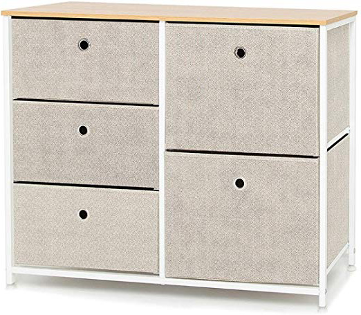 Suhu Cómoda Cajonera con 5 cajón Almacenaje Armario Tela Mesa Auxiliar Comodas Cajones Gabinete Armario Multiusos para Baño Trastero Salon Dormitorio Cocina Pasillo Madera+Metal Blanca+Beige