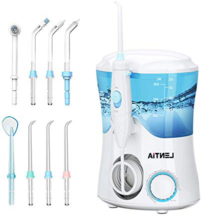 LENTIA Irrigador Dental con 8 Boquillas Multifuncionales, Irrigador Bucal Profesional de 600ml, 30-125 PSI, 10 Ajustes de Presión del agua, Limpieza los Dientes, con la FDA