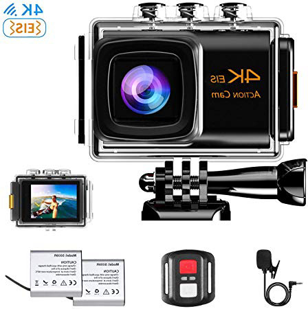 REDU Cámara Deportiva 4K Ultra HD 20MP, Videocámara de Accion de 30M Sumergible, Mic Externo, Gran Angular de 170 °, Control Remoto 2.4G WiFi, EIS,2 baterías Recargables y Kit de Montaje