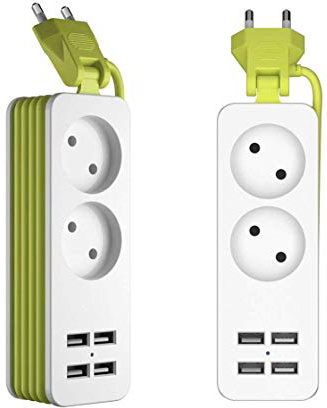 Sulida Regleta Enchufes con 4 Puertos de Carga USB con Tecnología Inteligente IC con Alargadora Cable de 1.5m Carga Múltiples Protección para Móvil u Otros Dispositivos en la Oficina y Casa