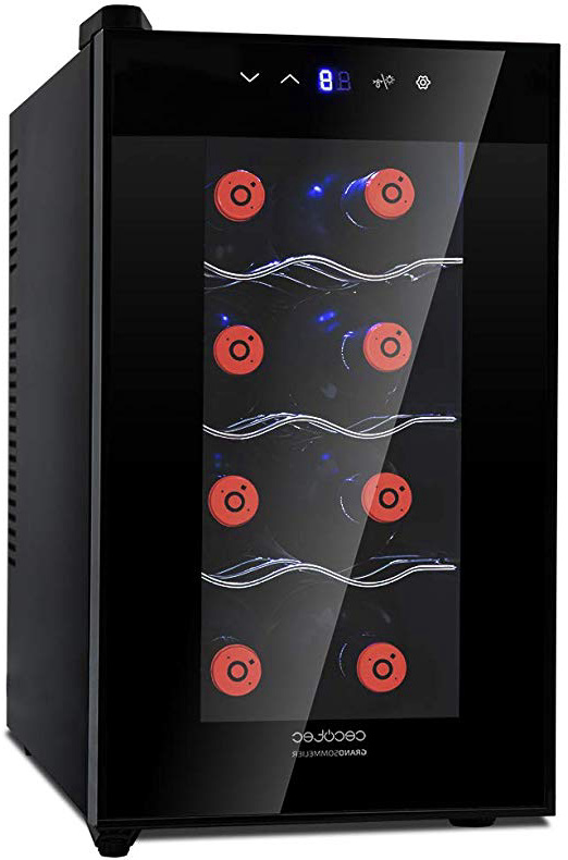 Cecotec Vinoteca de 8 Botellas con Capacidad de 25L. Diseño Puerta FullCrystal, Acabado de Espejo,Estante en Acero Inoxidable. Panel táctil y Pantalla LED.Evita Vibraciones (8 Botellas)