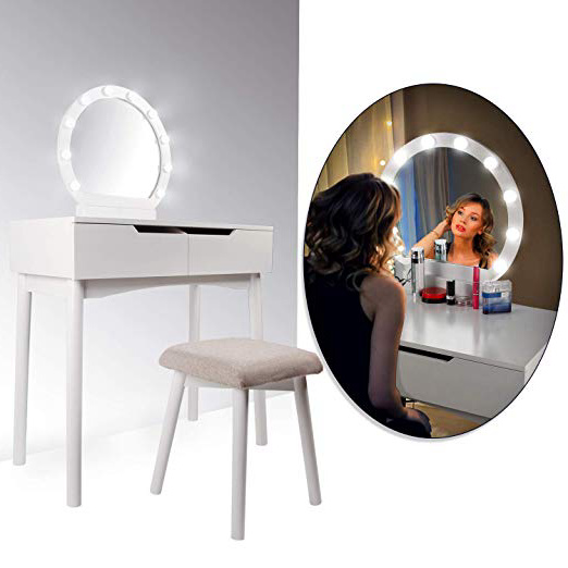 CCLIFE Tocador con Espejo, Bombillas para Maquillaje, Taburete Acolchado y 2 Cajones Grandes Deslizables, Color:DSMKT019A0000wes