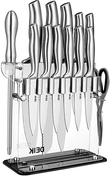 Deik Cuchillos Cocina, Juegos de Cuchillos de Acero Inoxidable con Soporte de Acrílico. Incluye 11 Cuchillos de Cocina, una Tijera, un Afilador y un Soporte de Acrílico
