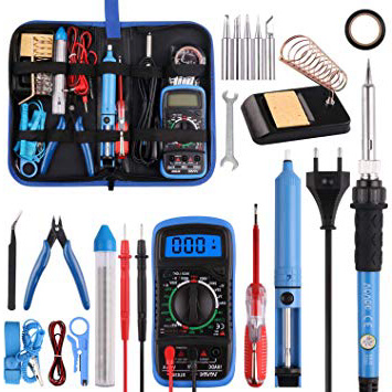Soldadores de Estaño 24 Piezas, WOWGO 60W Kit Soldador Eléctrica con 5 Puntas, Temperatura Ajustable, Multímetro Digital, Soporte, Alambre de Soldadura, Bomba de Desoldar, Bolsa de Herramientas etc
