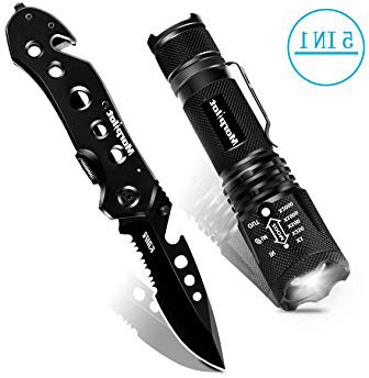 morpilot Navaja y Linterna Set, Cuchillo Supervivencia, Navaja Caza Pesca 85mm, Acero Inoxidble, Linterna LED de 5 Modos, 500LM, Impermeable IPX4, Portátil
