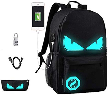 WYCY Anime Cartoon Luminous Backpack mochila de moda con puerto de carga USB y estuche antirrobo de bloqueo y lápiz, mochila escolar unisex Bookbag (Ojos del diablo negro)