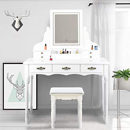 YOUKE Juego de Tocador, Mesa para Maquillaje, con Taburete, con 7 Caja de Almacenamiento y Cajones con Corredera,Espejo con LED, Blanco