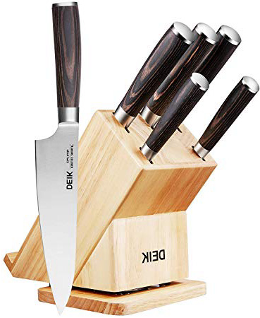 Deik Juegos Cuchillos Cocina, Set Cuchillos de 6 Piezas, Incluye un Bloque de Madera y 5 Piezas de Cuchillos de Cocina Acero Inoxidable Alemán
