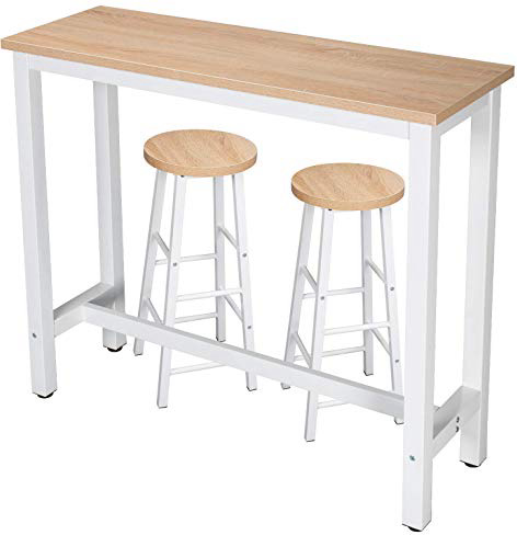WOLTU Set Mesa de Bar y 2 uds. Taburete de Bar Muebles Cocina Silla de Comedor para Salon Cocina Mesa 120x40x100 cm Estructura de Metal, MDF Roble Claro BT17hei+BH130hei-2