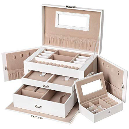 SONGMICS Caja Joyero con Espejo y Cajones, Caja para Joyas, para Pendientes, Pulseras, Anillos, Almacenamiento y Expositor, Organizador Joyero con Cerradura, Blanco JBC121W