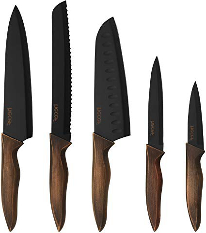 hecef Juego de Cuchillos de Cocina, Cuchillo Antiadherente Negro de Acero Inoxidable, Incluye Cuchillo de Cocina,Cuchillo de Pan,Cuchillo Santoku, Cuchillo Multifuncional y Cuchillo de Pelar