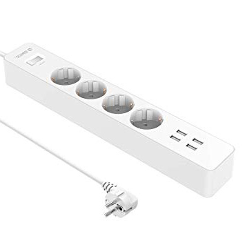 ORICO - 4 Tomas Regleta Enchufes con 4 USB Puertos (5V/2.4A) - Inteligente Tecnología IC con Múltiples Protección - Carga para Samsung iPad iPhone Tablets y Otros Dispositivos - Blanco