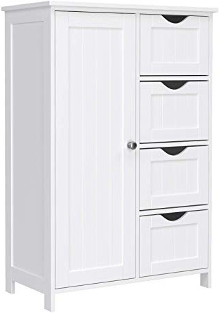VASAGLE Gabinete de Baño, Gabinete de Almacenamiento con 4 Cajones y 1 Armario de Taquilla, Puerta Simple, Estante Ajustable, para Sala de Estar, Cocina, Entrada, Blanco LHC41W