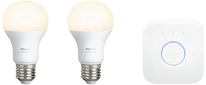 Philips Hue White - Kit de 2 bombillas LED E27 y puente, 9.55 W, iluminación inteligente, luz blanca cálida regulable, compatible (compatible con Amazon Alexa, Apple HomeKit y Google Assistant)