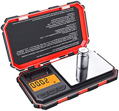 Criacr Báscula Digitales de Precisión, (200 x 0.01g) Báscula Digital de Bolsillo con Peso de Calibración de 50g, Retroiluminación LCD, 6 Unidades, Función de Tara, Acero Inoxidable-Rojo