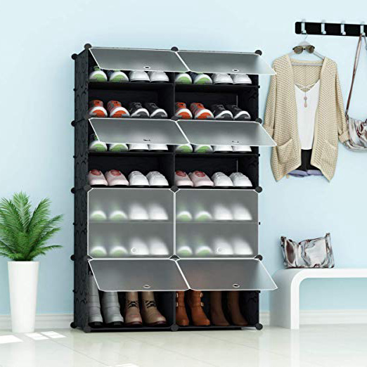 PREMAG Torre portátil para Organizador de Almacenamiento de Calzado, Negra con Puertas Transparentes, estantería Modular para Ahorro de Espacio, estantería para Zapatos, Botas, Pantuflas 2 * 7