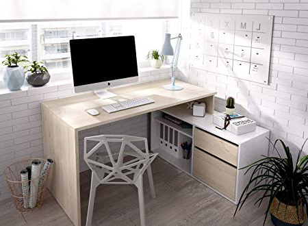 Hogar24 Es Escritorio Modelo ROX, Mesa Despacho Reversible, Color Madera Natural y Blanco Brillo, 139 X 92 X 75