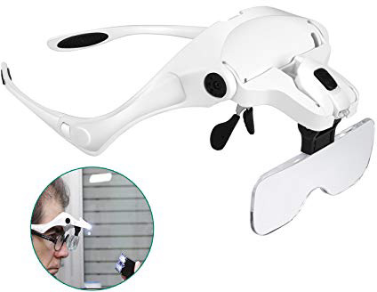 Lupa con Luz Led - Rightwell Gafas Lupa de Aumento con Luz para Modelismo,Reparaciones,Coser,Soldadura,Eliminar Piojos,Pegar Piezas Pequeñas,Joyería y Relojería - 5 Lentes Intercambiables,1X-3.5X