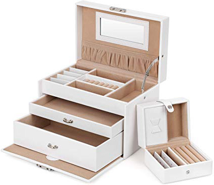 SONGMICS Caja Joyero 3 niveles, Estuche de Joyas con Cerradura, con joyero de viaje, Blanco JBC126W