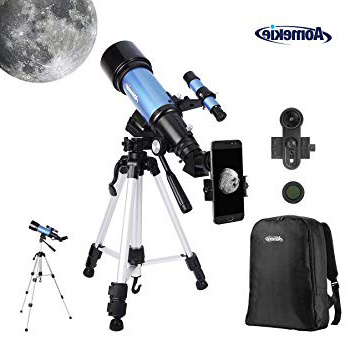 Aomekie Telescopio Astronómico 70/400 Telescopios Niños con Adaptador de Teléfono 10X Mochila Trípode Ajustable Filtro de Luna y Lente 3X Barlow