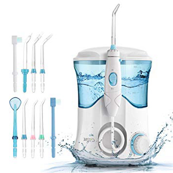 Irrigador Bucal, Cozzine Irrigador Dental Profesional con 9 Boquillas, 600ml, 30-120 PSI con el Botón de la Pausa,10 Ajustes de Presión del Agua, Irrigador de Agua Oral