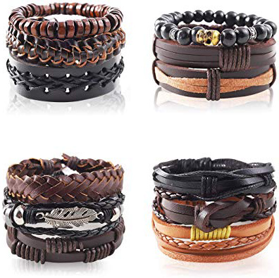 12 Piezas Leather Pulseras para Hombre Mujer Unisex Brazaletes,Pulsera de Cuero Trenzado Ajustable IA Moda Retro Multilayer Trenzado Funda de Perlas Madera Piel Cuff Bangle Pulsera