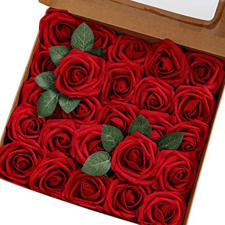 Ksnrang - Rosas Artificiales de Aspecto Real, Rosas Falsas de Color Fucsia para Bricolaje, Ramos de Boda, centros de Mesa, decoración para el hogar, Rojo Vino, 25pcs